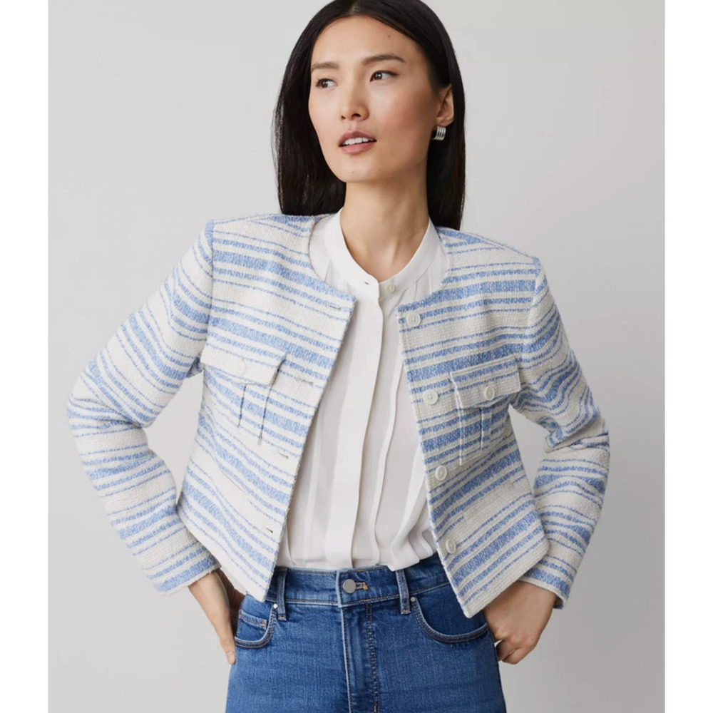 NEW ANN TAYLOR LIGHT BLUE WHITE COMBO PETITE STRIPED TWEED CROPPED JACKET SZ 12P
